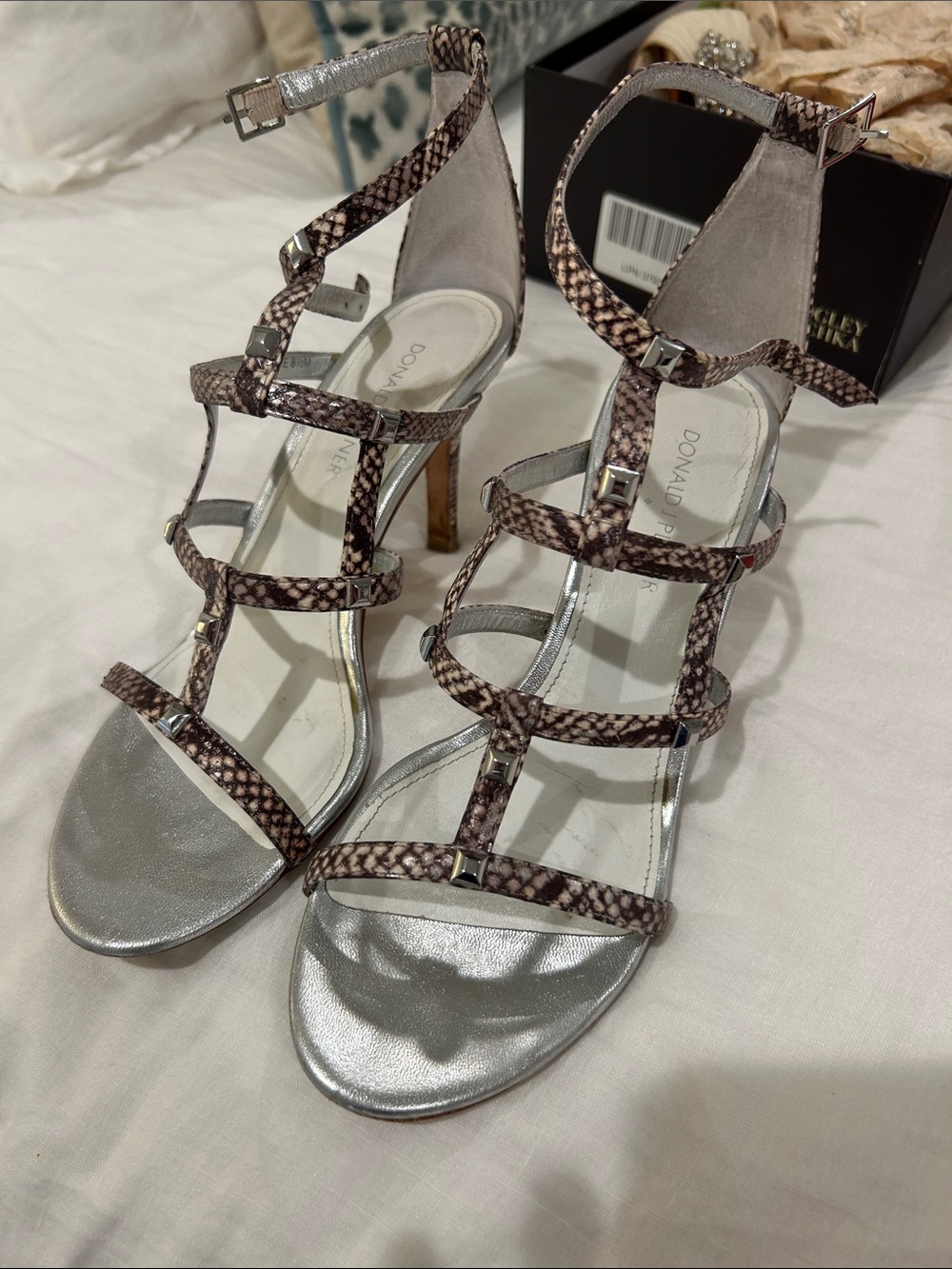 Donald J. Pliner Silver Sandal with Snake-Print Straps and Ankle Buckle